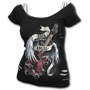 Spiral Direct Women's Rock Angel-2In1 White Ripped Top T-Shirt, Black (Size: XL)