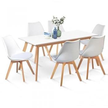 Ensemble design scandinave : table extensible 160‑200 cm + 6 chaises Sara blanc