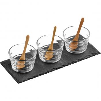 Ribbed Glass Bowl Set with Matching Spoons, Slate Tray – 3 Piece