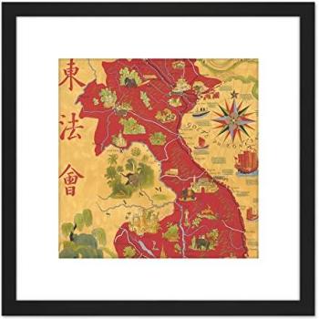 Vintage Indochina Map 1945, Map Boucher Edition – 8×8” Wooden Frame Wall Art, Black Mount
