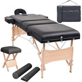 Table de massage pliable Noir avec tabouret 10 cm d'épaisseur