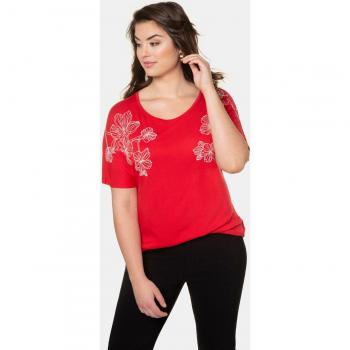 Oversized Floral Embroidery Knit Top for Plus Size Women, Red, Size 24/26, Viscose