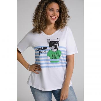 T-shirt con stampa cane marinaio, scollo a V, bianca, Donna, Taglia 48/50, Cotone