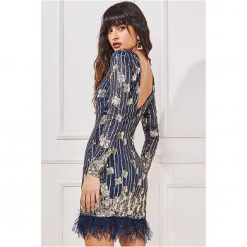 Open Back Navy Sequin and Feather Mini by Goddiva