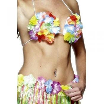 Disfraz de mujer con sujetador de flores hawaianas