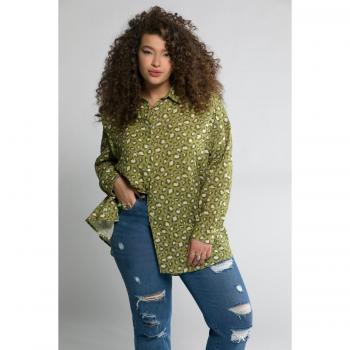 Blusa oversize in cotone con stampa leopardata, mussola verde, colletto da camicia, maniche lunghe, donna, taglia 64/66