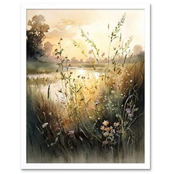 White Frame Whisper: Lakeside Watercolor Art