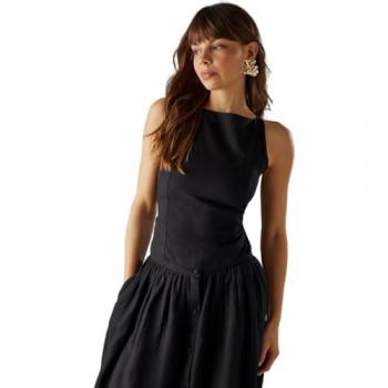Linen Blend Racer Crop Top – Black