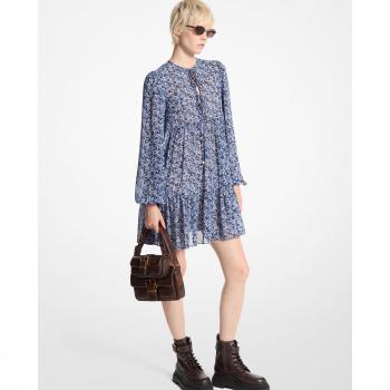 Michael Michael Kors Floral Long Sleeve Tie Neck Mini Dress