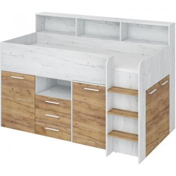 Weißes Hochbett mit Schreibtisch auf der rechten Seite