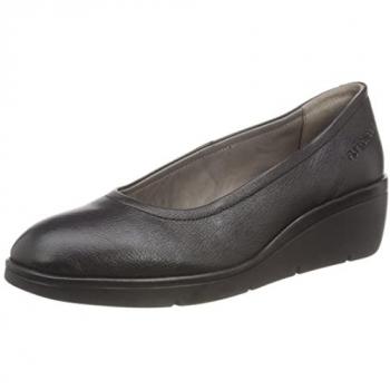 Fly London Numa Black Leather Low Wedge Pumps for Women