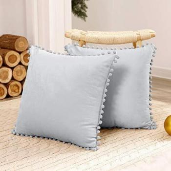 Deconovo Velvet Pillowcases Set of 2, Square Shape, 16x16 inches, Pompom Trimmed, Invisible Zipper Closure, Grey