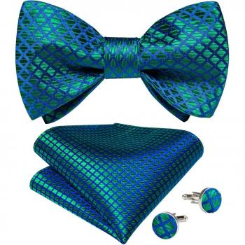 Self-Tie Blue Paisley Bow Tie with Cufflinks and Handkerchief