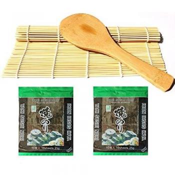 Sushi Roll Set aus Bambus – Matte, Reislöffel + 20 Nori Algenblätter (250g)