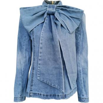 Women's Vintage Ruched Denim Jacket with Bow and Long Sleeves