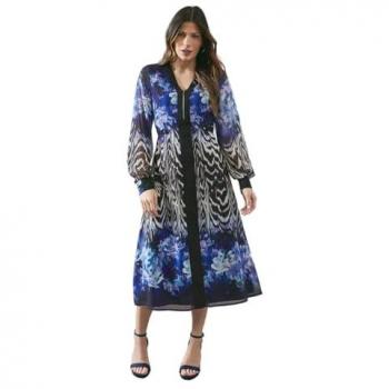 Chiffon Midi Dress with Zip Front Floral Design