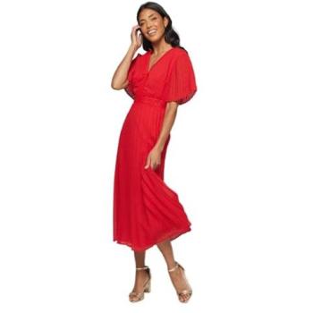 Wallis Women’s Red Dobby Midi Dress with Pleated Sleeves (Size 16)