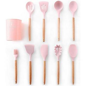 Paire d'ustensiles culinaires silicone + manche en bois