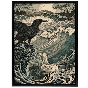 Oceanic Raven Waveprint – 12”W x 16”H Framed Canvas