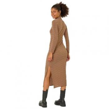 Brown High Neck Stripe Bodycon Midi Dress for Women