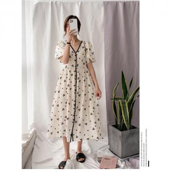 Long Floral Maternity Dress with Puff Sleeves for Summer