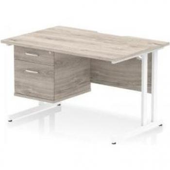 Impulse 1200x800mm Straight Office Desk – Scalloped Edge, Grey Oak Top, White Cantilever Leg, 1×2 Drawer, Pedestal