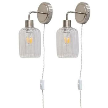 Satin Nickel Toby 2‑Pack Wall Fixtures – Ribbed Silver Glass