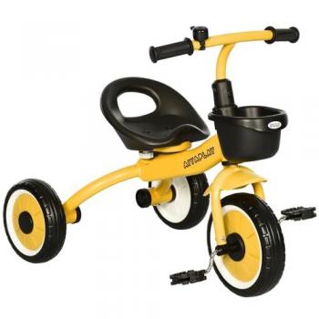 Tricycle enfant AIYAPLAY jaune – selle réglable, dossier, sonnette et panier inclus