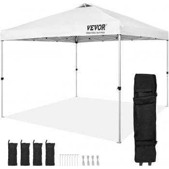 Camping & Commercial White 10×10 ft Pop-Up Shelter – 250D PU Sun Shield with Roller Bag & 4 Sandbags