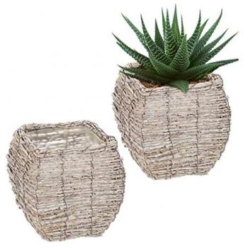 Pot Duo en Rotin – Film Camouflage, Bacs Intérieurs Blanc-Nature – 20 cm