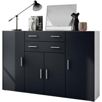 Vladon Highboard Aron 166x106x35 cm – 4 Türen, 2 Schubladen – Weiß/Schwarz Matt