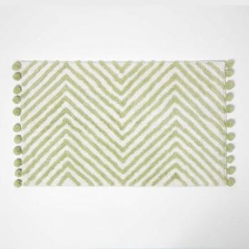 Sage Green Tufted Cotton Bath Mat with Pom Pom Edges