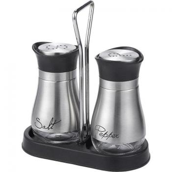Set de saleros y pimenteros de acero inoxidable con soporte de 10 cm y fondo de vidrio