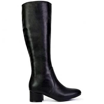 Valeria Black Zip‑Up Knee‑High Boot – Mid Block Heel, Size 4 (Women's)