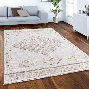 Tapis salon stylisé poils courts, motif ethnique géométrique 3D, franges crémeuses-grises, 240×340 cm