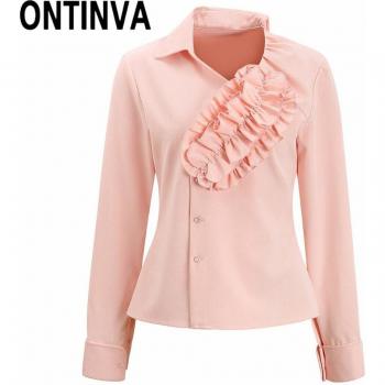 Blusa de Manga Larga Rosa con Detalles de Volantes
