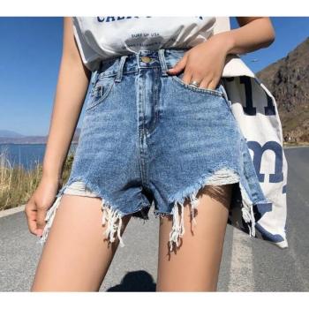 Mini Shorts de Denim para Mujer, Cintura Alta, Rotos, Colores Cool Blue y Negro, con Bolsillos con Borlas