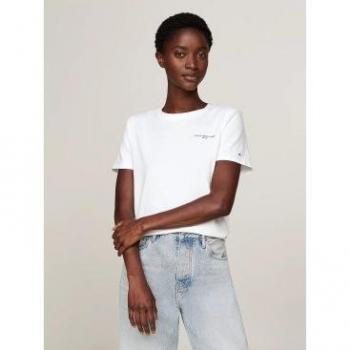 Tommy Hilfiger 1985 WW0WW37877 Damen-Rundhalsshirt – Weiß, Regular Fit, Größe M