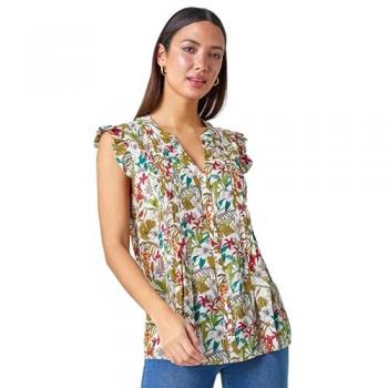 Roman Originals Women's Shimmer Stripe Floral Frill Sleeve V-Neck Top