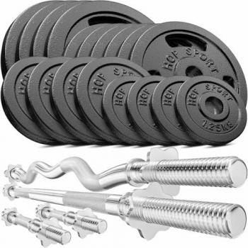 Ensemble de Musculation Hop-Sport comprenant deux barres courtes, une barre longue et une barre SZ-curl avec disques en fonte totalisant 106 kg