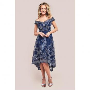 Silvered Navy Lace Midi with Side Slit