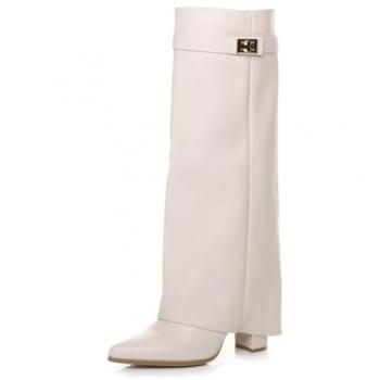 Knee-High Block Heel Boot, Pointed Toe, Beige – AJVANI