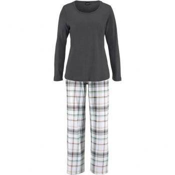 Pyjama ARIZONA, Damen, Gr. 48/50, grau (dunkelgrau, weiß), 100% Baumwolle, kariert, Langarm, Rundhals, Homewear