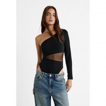 Black Asymmetric Bodysuit with Sheer Details XS