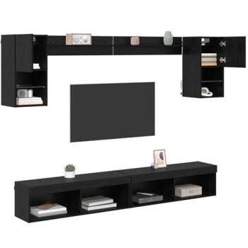 Moduli TV a parete con LED 6 pezzi, Legno di Quercia nera in laminato