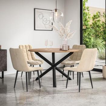 Malvern Classic Oak Round Table + 4 Nova Velvet Beige Chairs – Black Oak Leg Finish
