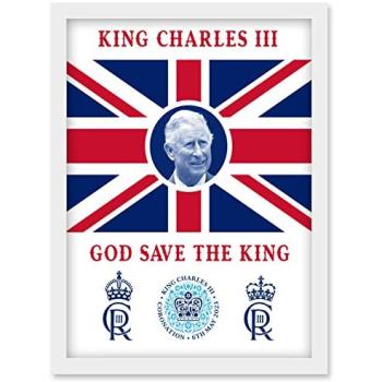 King Charles III Coronation White Frame: God Save the King Union Jack Artwork