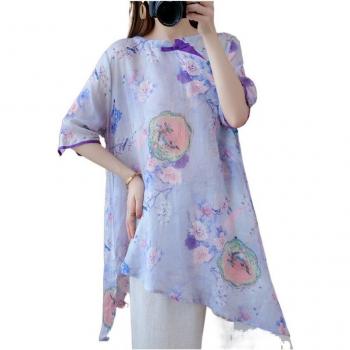 Camisa corta irregular de mujer, estilo chino, blusa vintage con cuello levantado V2100