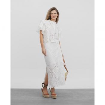 Falda midi con bordados artesanales de Silbon, disponible en color blanco y talla para mujer