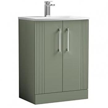 Nuie Deco Satin Green 600mm Floor Standing 2-Door Vanity Unit with Curved Basin